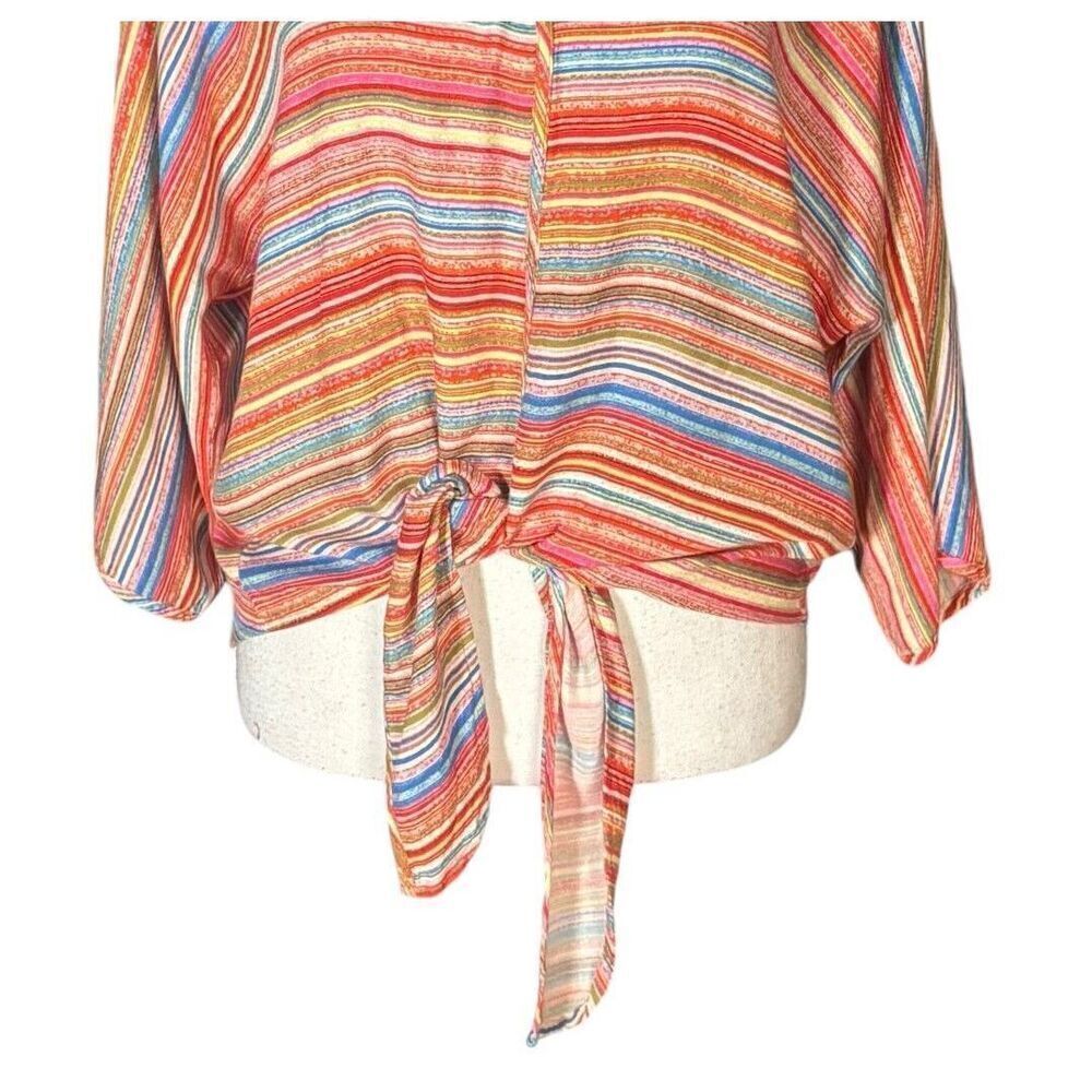 Ali Miles Top Size Small Orange Stripes Knot Front Artsy 3/4 Sleeves Art to Wear - Picture 5 of 10